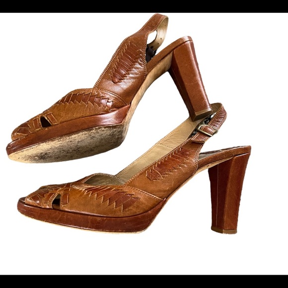 Cole Haan Brown Leather Retro Style Slingback Platform Heels size 8.5 - Picture 5 of 7